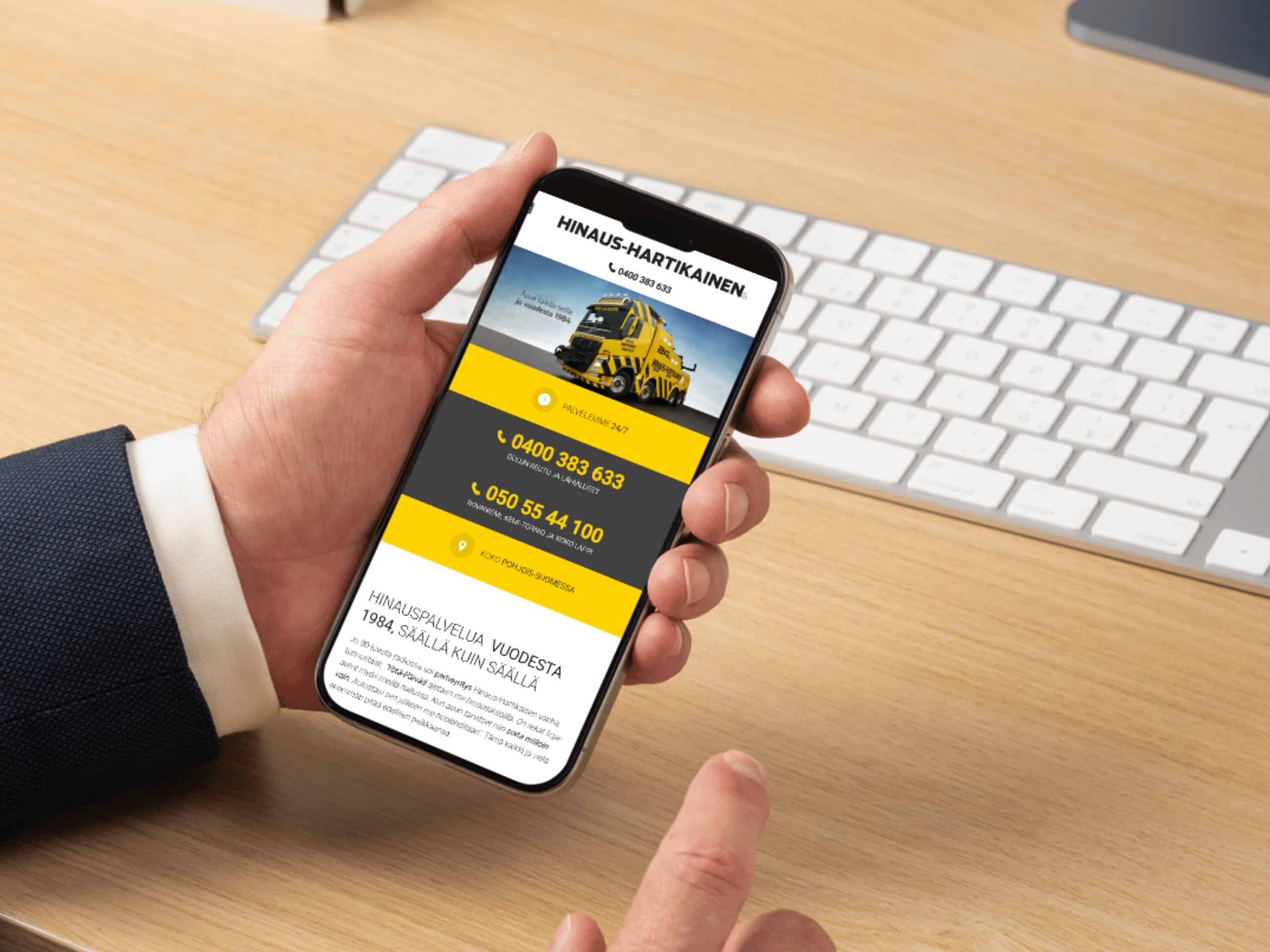 Hinaus-Hartikainen verkkosivut mobiilinäkymässä – hakukoneoptimoitu ja käyttäjäystävällinen WordPress-sivusto Delanetilta