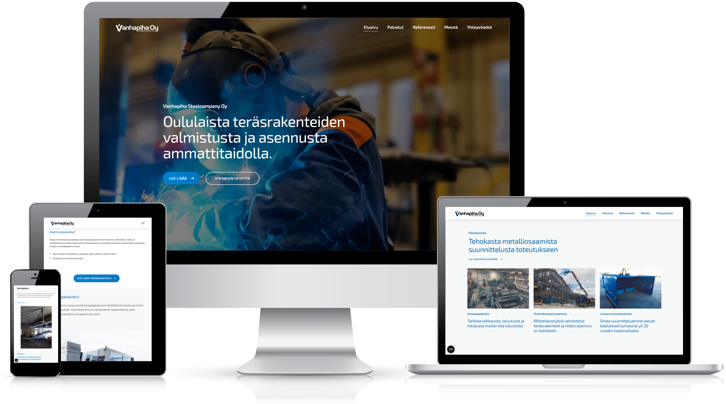 Delanetin uudistama Vanhapiha SteelCompanyn verkkosivusto esillä eri päätelaitteilla – moderni ja responsiivinen metallialan yrityssivusto.