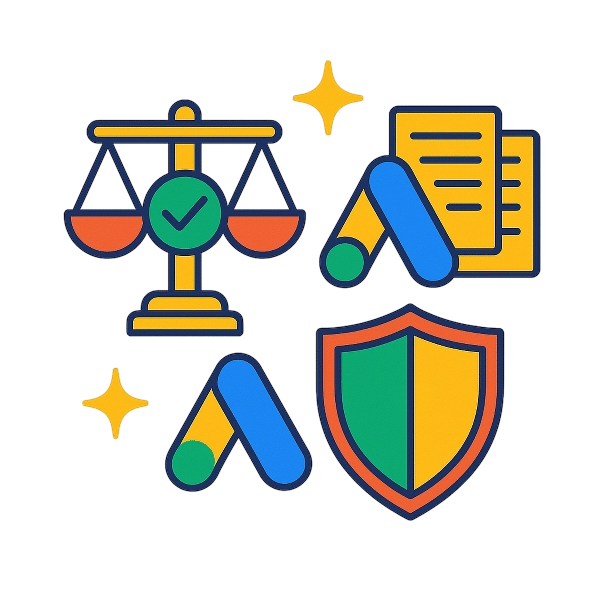 Värikäs vektorikuvake valkoisella taustalla, joka symboloi reilua ja läpinäkyvää Google Ads -laskutusmallia. Kuvassa on tasapainovaaka, Google Ads -logo, asiakirjoja ja suojakilpi, jotka korostavat selkeyttä, tulospohjaisuutta ja luottamusta