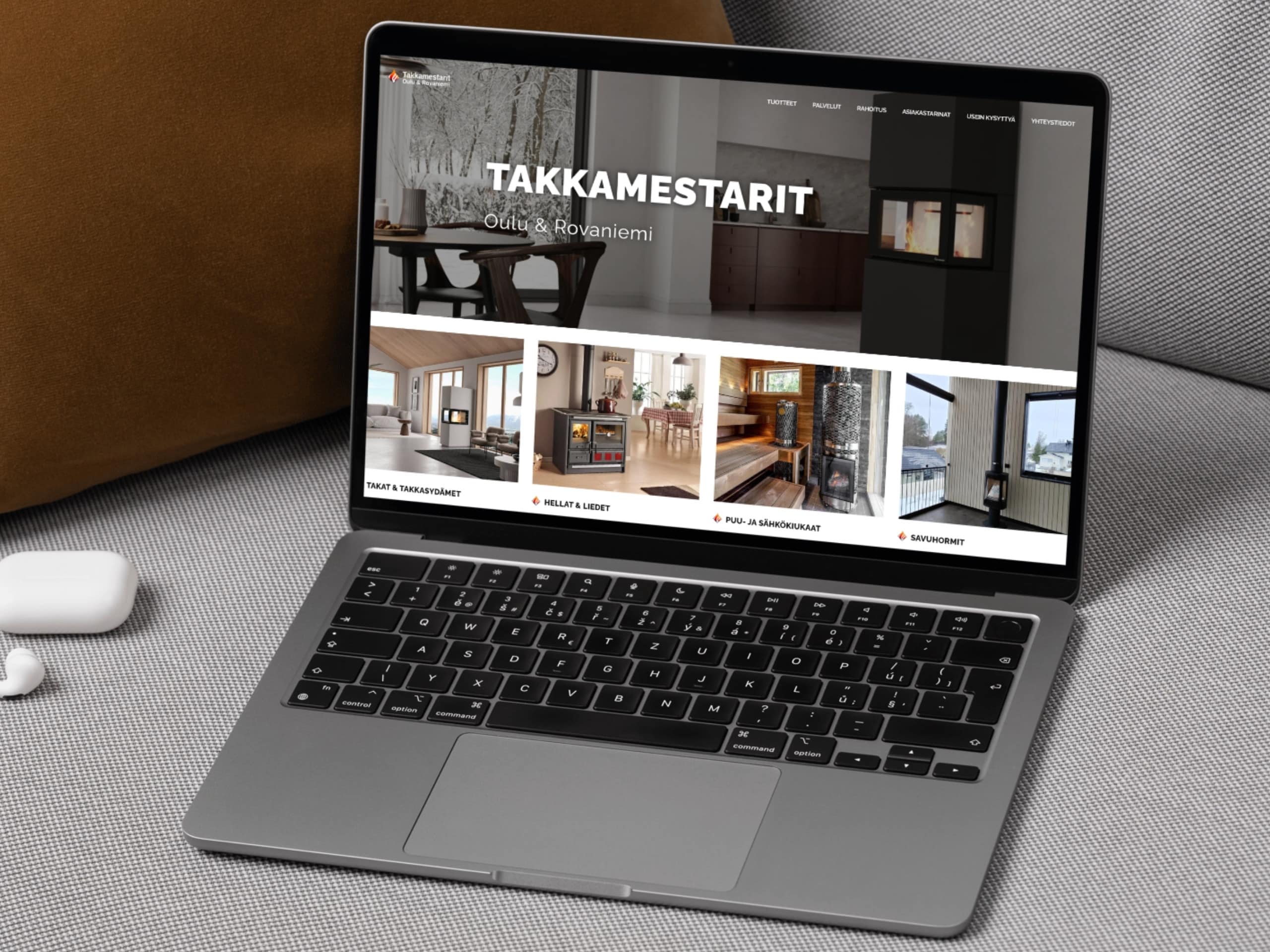 Takkamestarit Oulu & Rovaniemi verkkosivut esillä kannettavan tietokoneen näytöllä – Delanet WordPress-verkkosivuprojekti