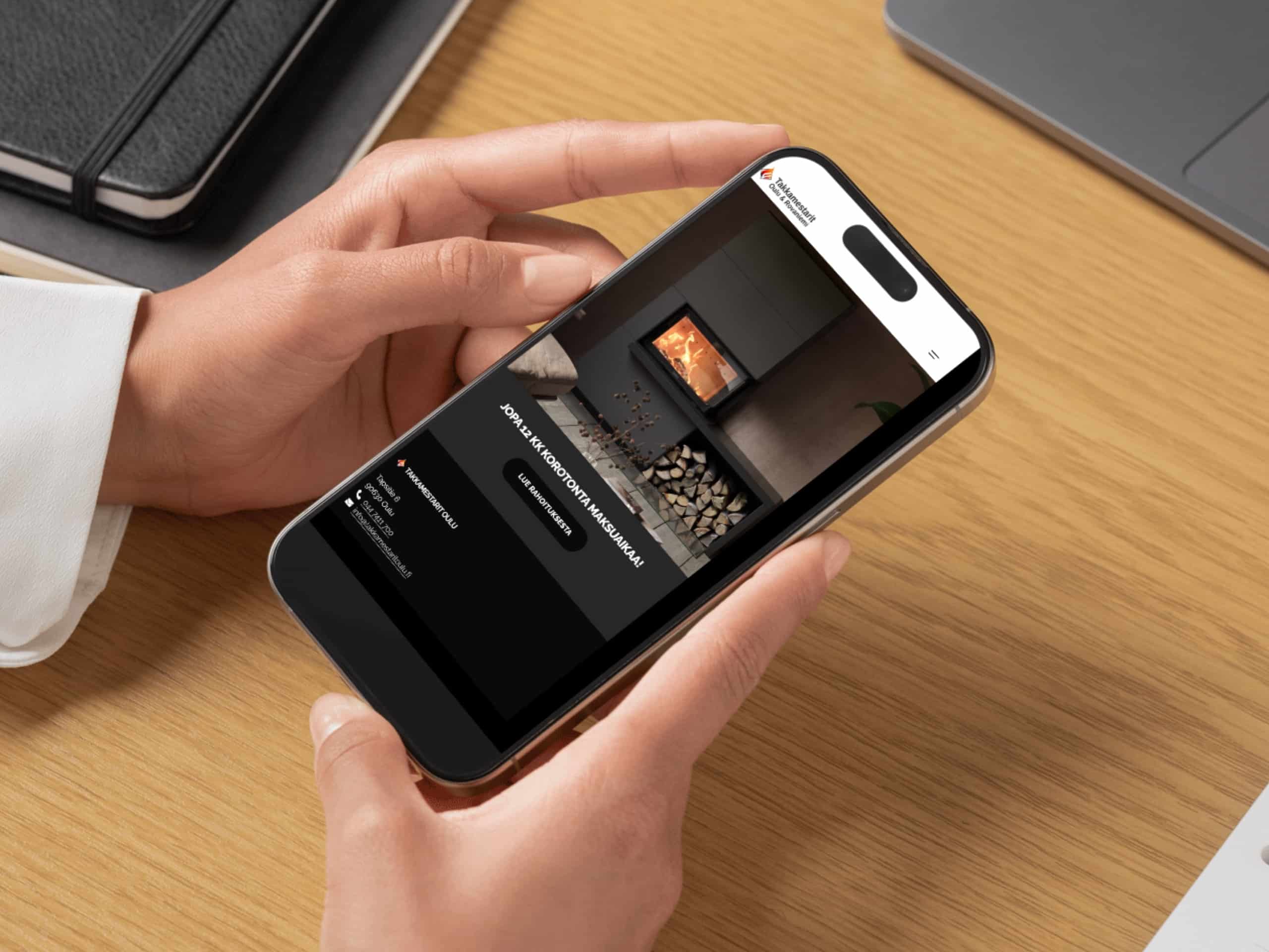 Takkamestarit Oulu & Rovaniemi verkkosivusto mobiilinäkymässä – moderni WordPress-sivusto Delanetilta